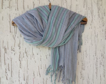 Handwoven Multicolored Scarf, Mint,Grey Striped Scarves, Natural,Organic Scarf, Fashion accessories, Women,Men Gifts