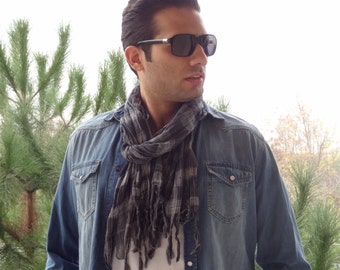 Handwoven infinity scarf, Black,Grey Striped Scarves, Natural,Organic Scarf, Fashion accessories, Men's Scarves