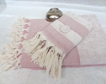 Handwoven Pink,Ecru Peshtemal Set,  Bath Towel Set,Organic,Natural, Eco Friendly ,High Quality Peshtemal