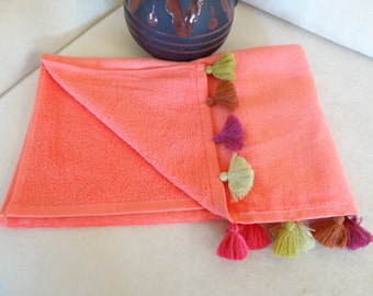 Traditional Turkish Towels, Salmon Color Velvet Towel, Tassel Towels, Multicolored Tassel, Bridesmaid Gifts, spa,beach towels, Gift for Her