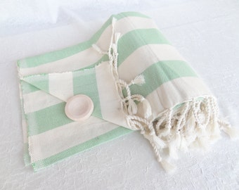 Traditional Turkish PESHTEMAL,High Quality Peshtemal, Apple Green.Ecru Striped-Peshtemal-sauna,spa,fitness,