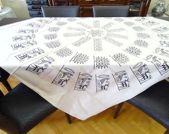Handmade Square Tablecloth: Ecru & Black Hittite Print, Home Decor