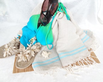 Linen Earth Tones, Turquoise Striped Peshtemal-Turkish PESHTEMAL-Spa,Bath,Beach,,Yoga,Pool,Fitness Towel