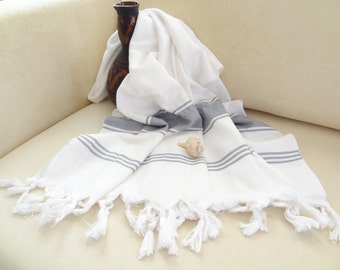 Traditional  Turkish Towel Peshtemal, Turkish Hammam Towels, White,Grey Striped Peshtemal, sauna,spa,fitness,beach,towels,