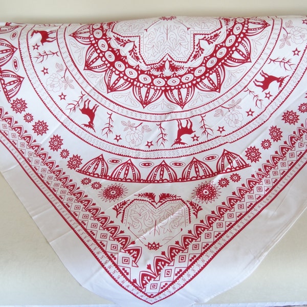 Mantel cuadrado rojo y blanco hecho a mano: estampado hitita, 100 % algodón