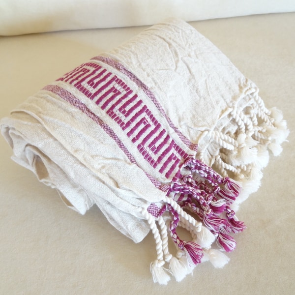 Toalla turca de lino peshtemal: color crudo y fucsia a rayas para playa, baño y spa