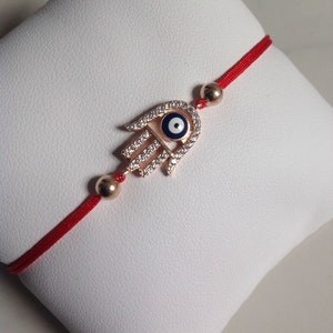 Plata de ley 925 Cristal Cz Oro Rosa Hamsa EvilEye Pulsera Cuerda Roja Kabbalah