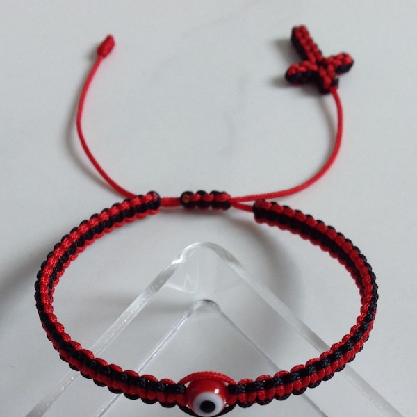 Red & Black String Bracelet, Red evil eye,good luck charm With Cross Woven End.