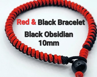 Pulsera de hilo tejido con amuleto de protección en rojo y negro, obsidiana negra de 10 mm.