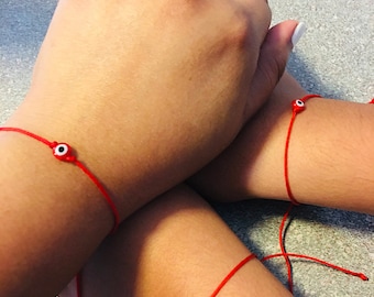 4 Red 1mm string evil eye bracelets adjustable lucky matching PAIR 6mm eye bead