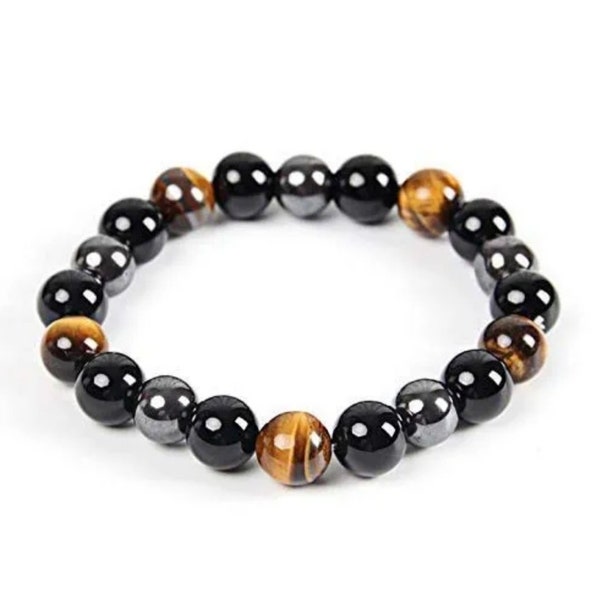 Pulsera de triple protección - Para protección - Trae suerte y prosperidad - Hematita - Obsidiana negra - Ojo de tigre - Pulseras de piedra