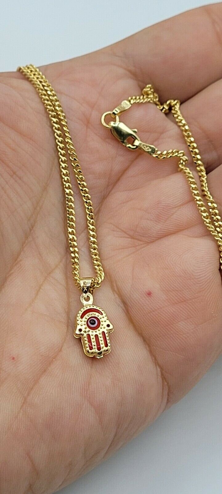 14K Gold Hamsa Red Evil Eye Halsband 20 ”/14K Oro Puro Cadena De Ojo Y Mano