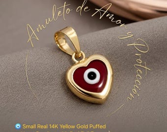 Litet hänge i äkta 14K gult guld med puffat hjärta och rött onda öga