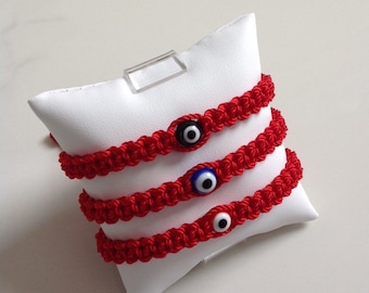 3 Red Kabbalah String Bracelet, Glass Evil Eye, Good Luck Charm Protection.