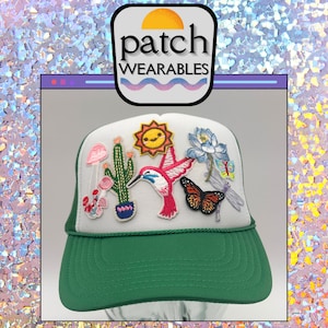 One of A Kind-Patchy Trucker Hat- Hummingbird Mushroom Cactus Butterfly Sun Dragonfly Lotus- Women’s Trendy Trucker Hat w/Patches Patch Cap