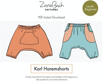 Digital Kids harem shorts sewing pattern PDF Instant Download - ZanziBach Patterns KarlHaremshorts