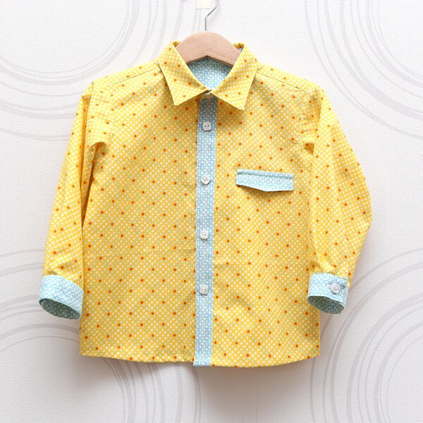 SALE. Retro style yellow boys shirt Colorful toddler cotton shirt with pocket detail (Ready to ship) // size 92 (2-3 years)