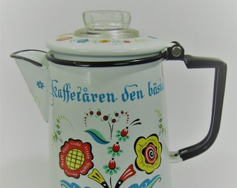 Berggren Enamel Metal Swedish Coffee Pot Vintage Folk Art Scandinavian