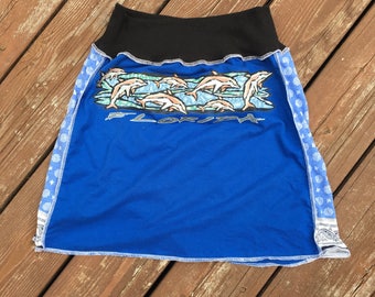 Summer Tshirt Skirt - Cotton Skirt - Upcycled Tshirt Skirt - Graphic Tshirt Skirt -Florida Jumping Dolphins T-Skirt - Blue - Medium/Large