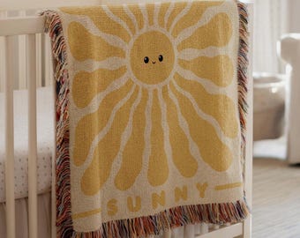 Personalized Sunshine Woven Baby Blanket | Yellow Sun Nursery Decor | Cozy Sunburst Nursery Custom Crib Throw - Neutral Baby Shower Gift
