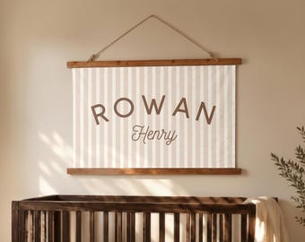 Personalized Nursery Tapestry, Wood Topped Fabric Name Wall Hanging,  Striped Fabric Name Banner, Nursery Decor for Above Crib