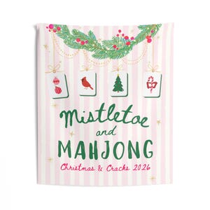 Mahjong Christmas Party Banner, Personalized Mahjong Christmas Decor, Mistletoe & Mahjong Tapestry, Mahj Club Holiday Party Sign image 3