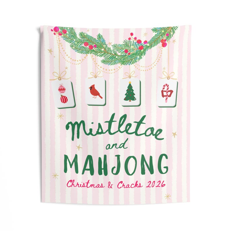 Mahjong Christmas Party Banner, Personalized Mahjong Christmas Decor, Mistletoe & Mahjong Tapestry, Mahj Club Holiday Party Sign image 3