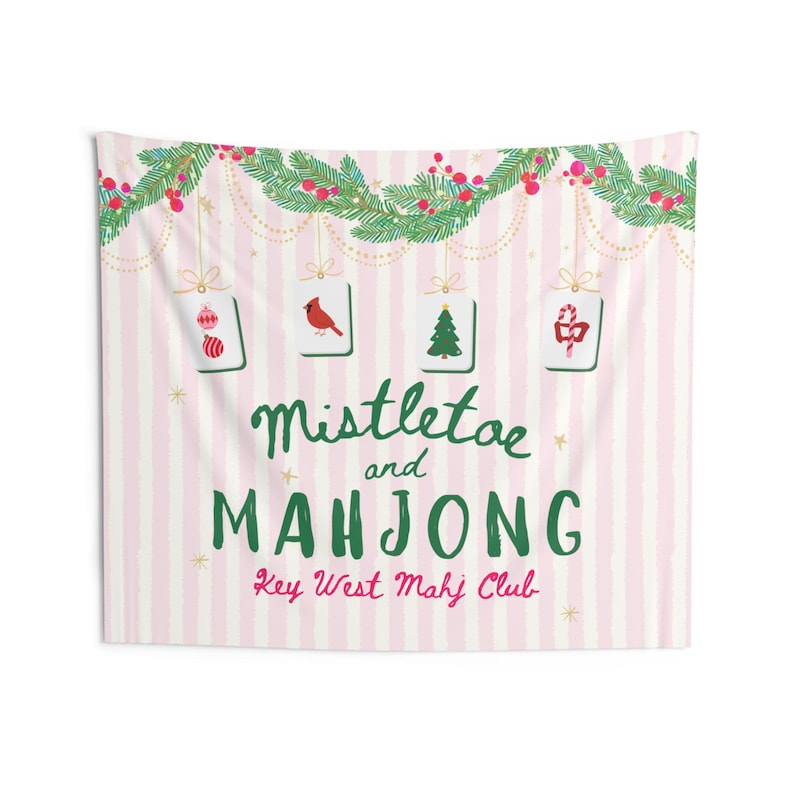 Mahjong Christmas Party Banner, Personalized Mahjong Christmas Decor, Mistletoe & Mahjong Tapestry, Mahj Club Holiday Party Sign image 6