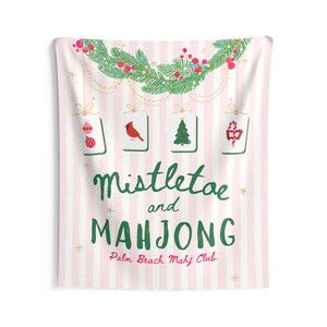 Mahjong Christmas Party Banner, Personalized Mahjong Christmas Decor, Mistletoe & Mahjong Tapestry, Mahj Club Holiday Party Sign image 5
