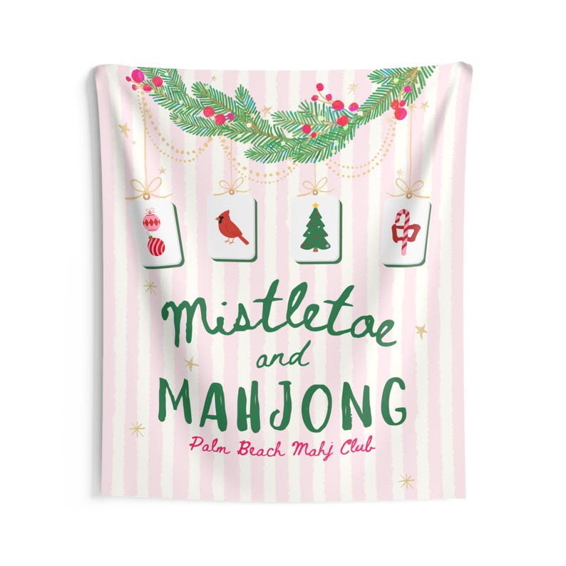 Mahjong Christmas Party Banner, Personalized Mahjong Christmas Decor, Mistletoe & Mahjong Tapestry, Mahj Club Holiday Party Sign image 5