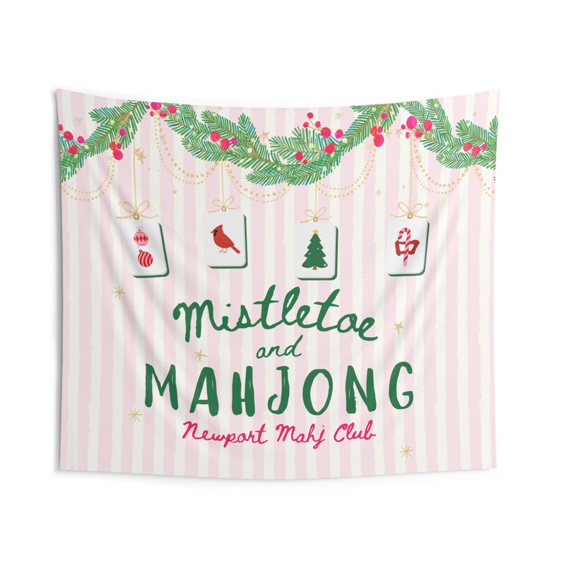 Mahjong Christmas Party Banner, Personalized Mahjong Christmas Decor, Mistletoe & Mahjong Tapestry, Mahj Club Holiday Party Sign image 4