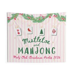 Mahjong Christmas Party Banner, Personalized Mahjong Christmas Decor, Mistletoe & Mahjong Tapestry, Mahj Club Holiday Party Sign image 2