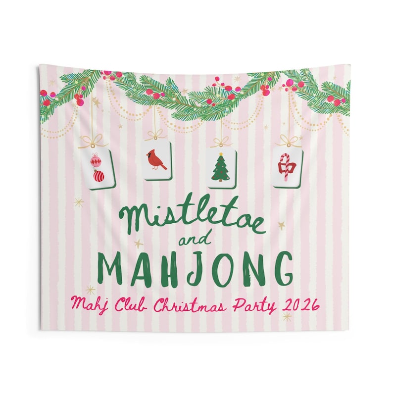 Mahjong Christmas Party Banner, Personalized Mahjong Christmas Decor, Mistletoe & Mahjong Tapestry, Mahj Club Holiday Party Sign image 2