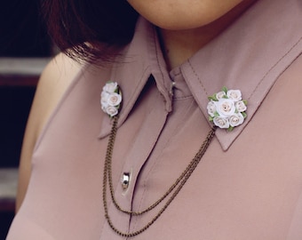 white rose collar tips, collar brooch, handmade rose