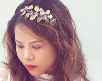 gold flower and silver leaf headband,greek headband, made by polymner clay sweet girl