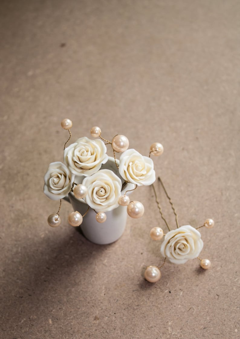 Ivory Rose Clay Flower Hair Pins set 5 Flower Hair Pin Bridal Hair Pin