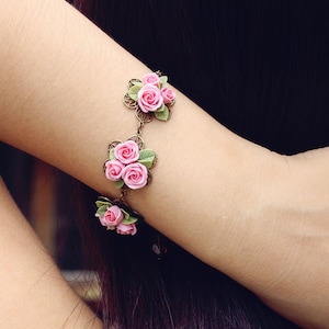 pink rose bracelet, flowers bracelet, vintage bracelet , floral