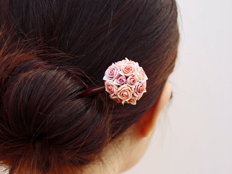 dust pink rose hair stick, hair accessories ,handmade flowers , vintage style