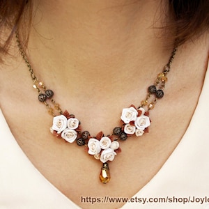 statement necklace, antique necklace , flowers necklace , Antique jewelry , bronze, polymer clay, handmade jewelry