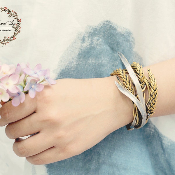 wheat cuff, gold leaf bracelet ,handmade by clay