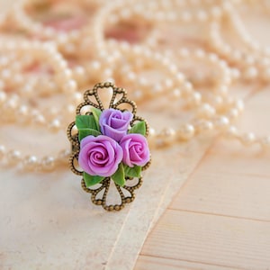 Verstelbare paarse roosring, bloemenring, vintage ring, sieraden, brons