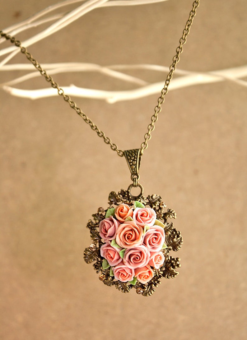Polymer clay rose necklace dust pink rose vintage necklace Etsy