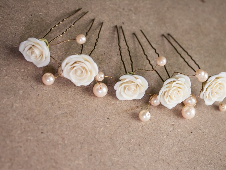 Ivory Rose Clay Flower Hair Pins set 5 Flower Hair Pin Bridal Hair Pin