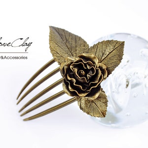 gold rose hair stick, hair accessories ,hair combs , bronze, polymer clay flower, handmade jewelry, gift for her