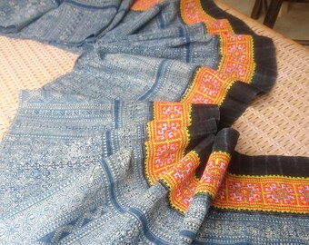 Hmong Indigo batik Ethnic Vintage Tribal Skirt Fabric Handmade Crafting Textile supplies