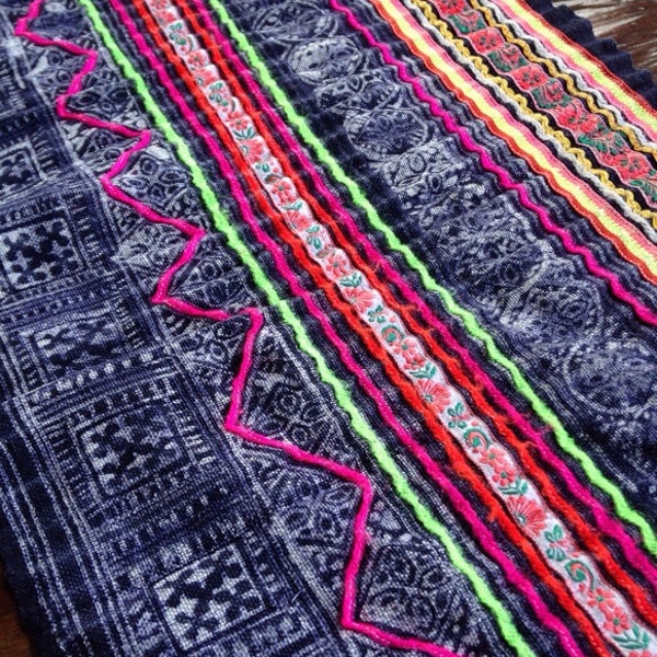 Vintage Hmong Fabric Handmade Hemp Batik Tribal Textile Ethnic Craft supply