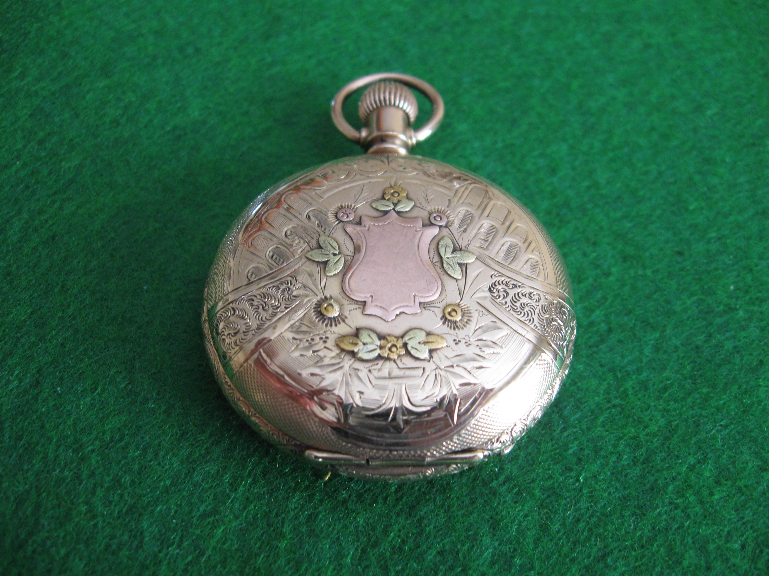 ELGIN Pocket Watch, Tri Color Gold Engraved Hunting Case, Size 6, Circa 1895, 7 Jewel, Grade 117, # 5678409, Pendent Set, Recent Service