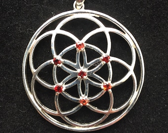 Sacred Geometry, Sterling Silver Seed of Life Pendant with Garnet Gems - Medium Size