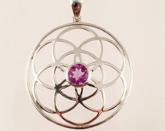 Sacred Geometry, Sterling Silver Seed of Life Pendant with Amethyst Center Stone - Medium Size