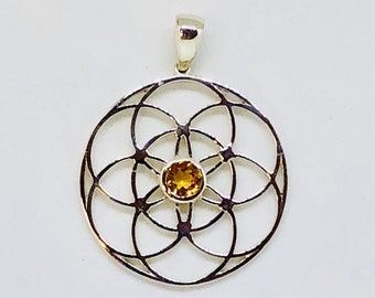 Sacred Geometry, Sterling Silver Seed of Life Pendant with Citrine Gem